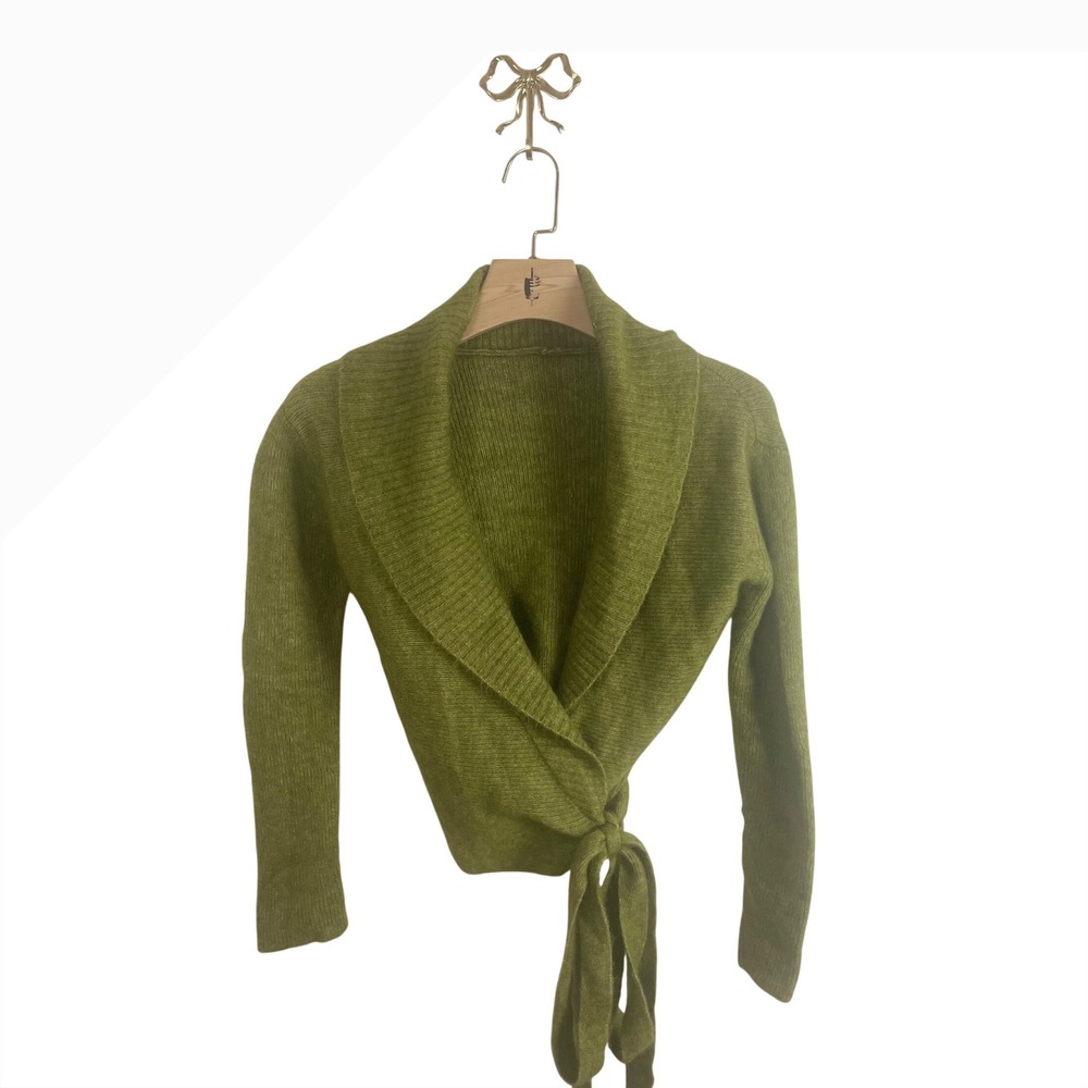 WANGXO Green Wrap Cardigan Sweater Shawl Collar Tie Waist Long Sleeve Small